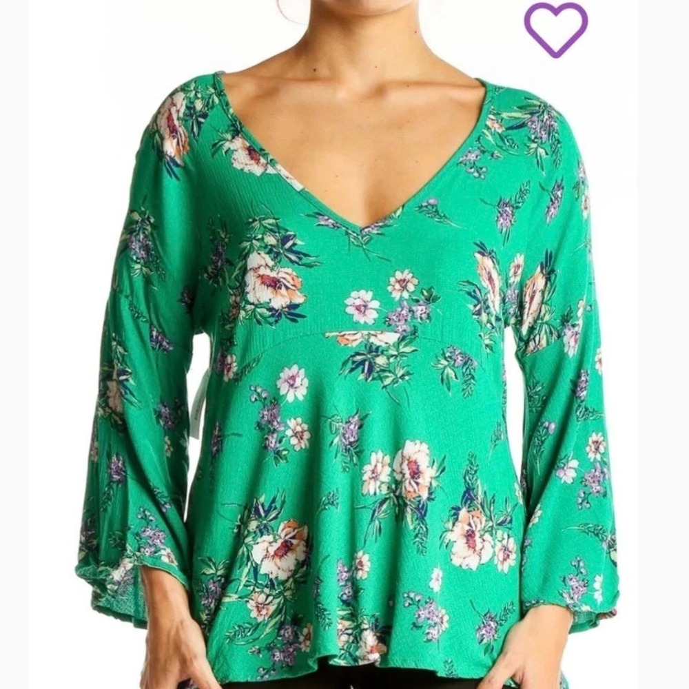 Rachel Zoe Green Peplum Top Blouse Bell Sleeves V Neck Floral Small Romantic NWT